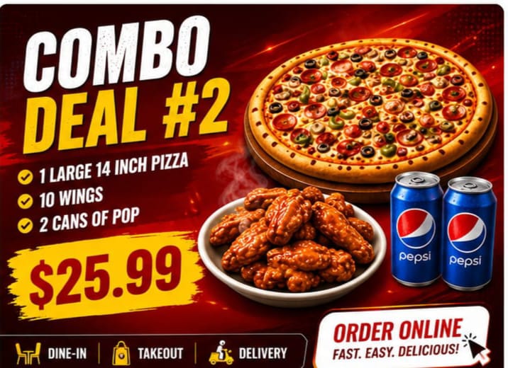 Combo Deal #2 - Large 14 inch pizza, wings and pop - Pizza On 66 Mill Woods Edmonton