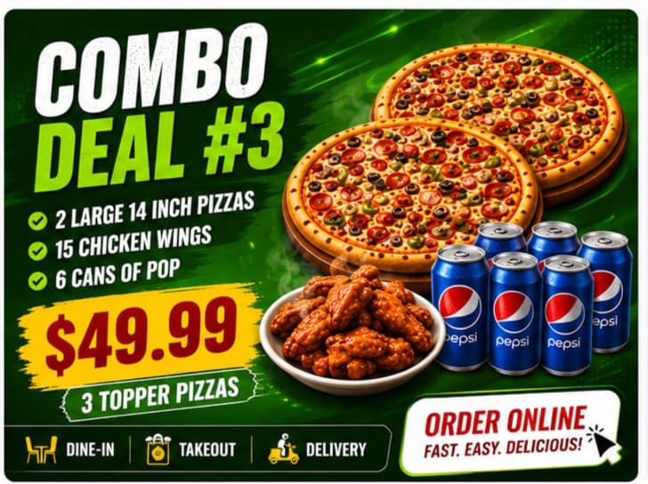 Combo Deal #3 - Large 14 inch pizzas, chicken wings and pop - Pizza On 66 Mill Woods Edmonton