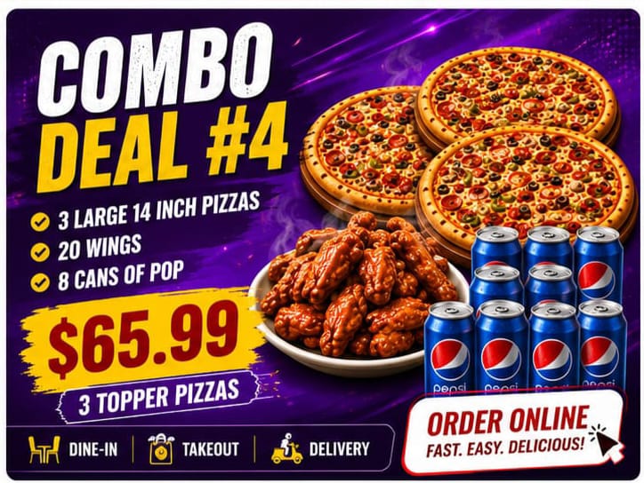 Combo Deal #4 - Large 14 inch pizzas, wings and pop - Pizza On 66 Mill Woods Edmonton